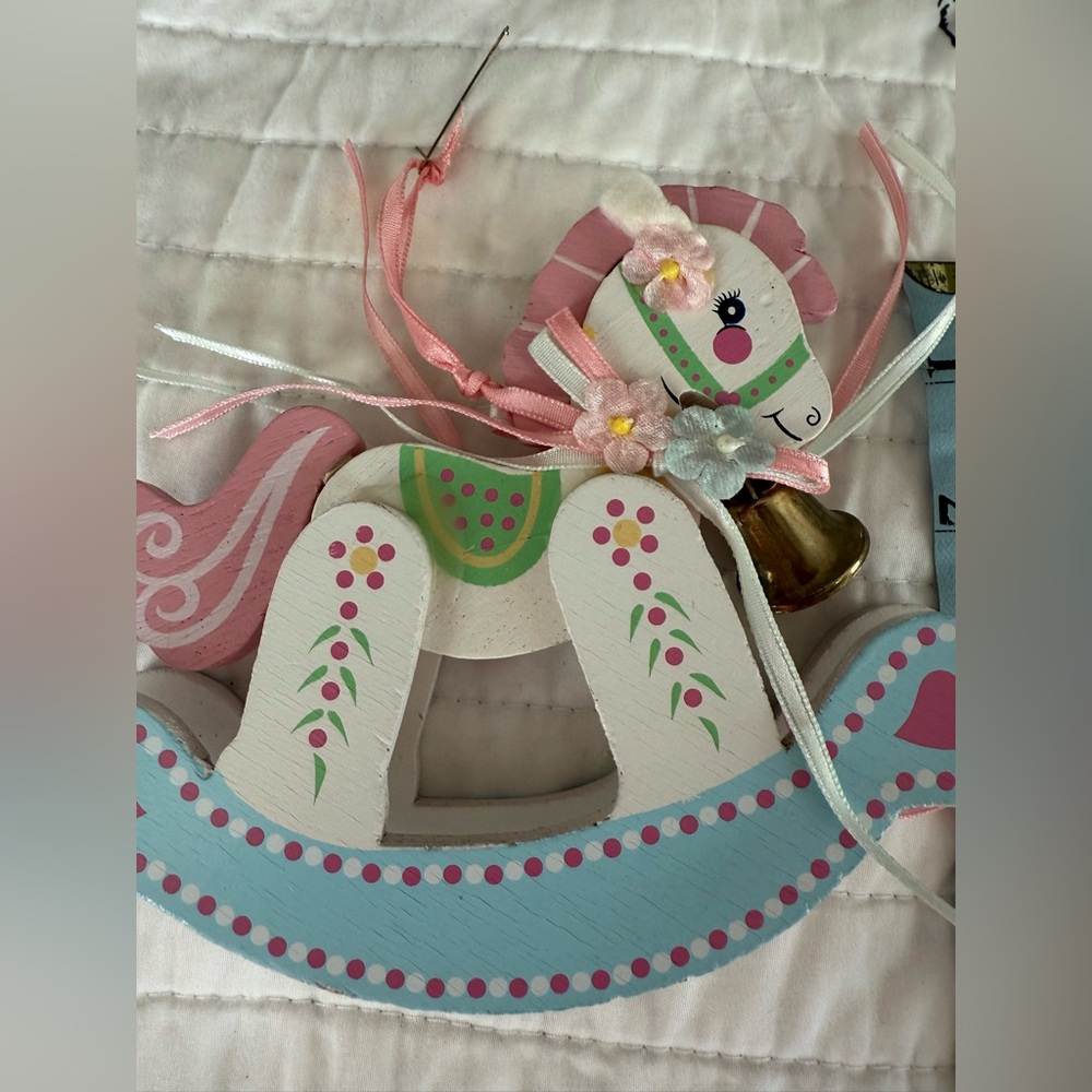 Vtg Baby’s 1st Christmas Wooden Rocking Horse with Bell and Ribbons Ornament - Picture 4 of 5